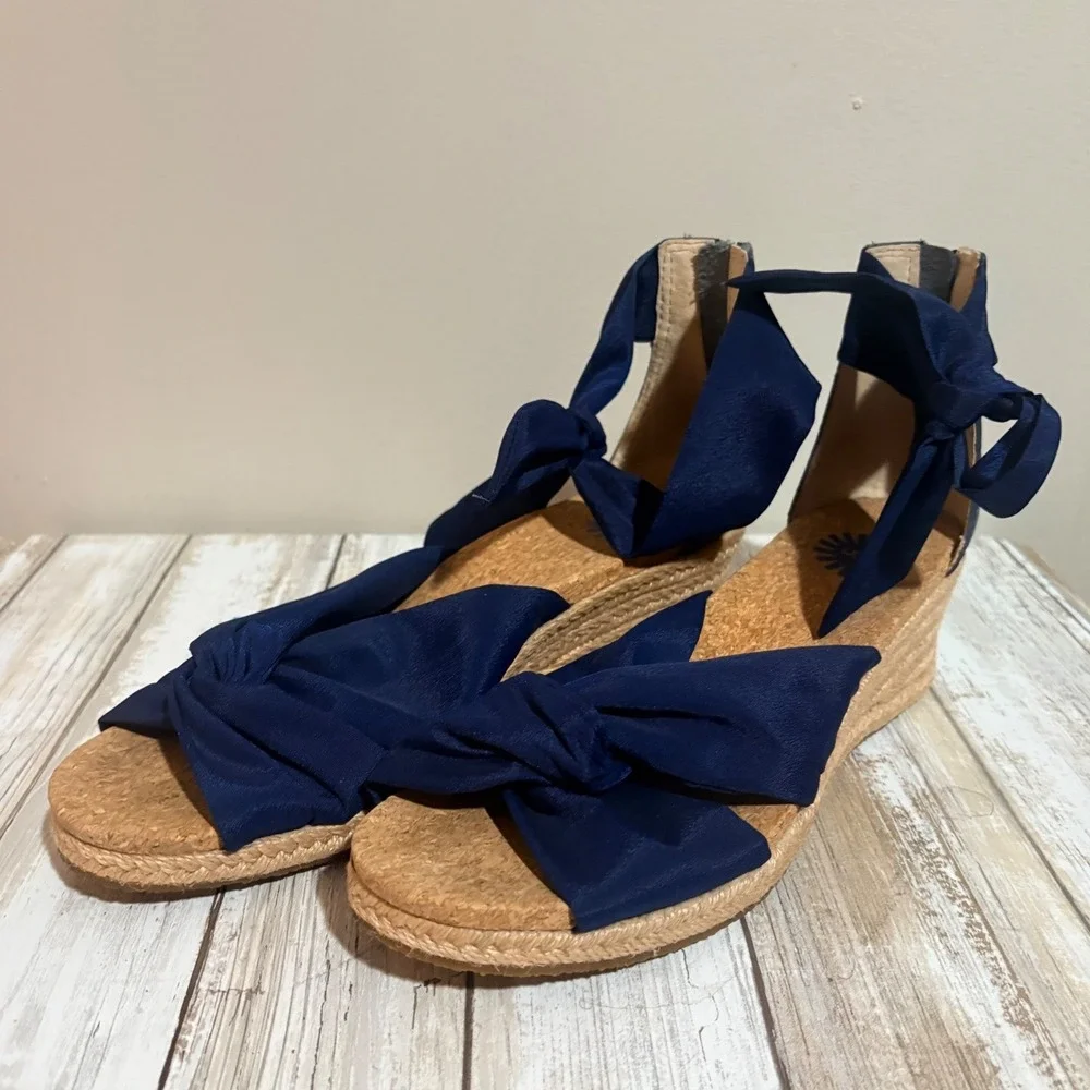 UGG Trina Espadrille Wedge Sandals Womens 9 Navy Blue Excellent Bow Ankle Wrap